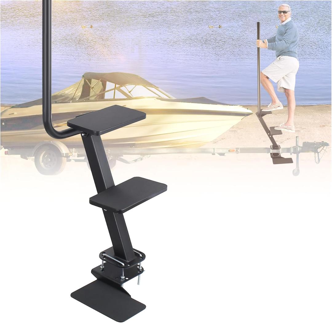 Heavy Duty Boat Trailer Steps for the Tongue - Non-Slip Boat Trailer Ladder with Handle for Easy & Safe Boarding - Fit most Bass/Pontoon Boats of Width 3 and Height 3"-5" Trailer Tongues(3-Step Design)