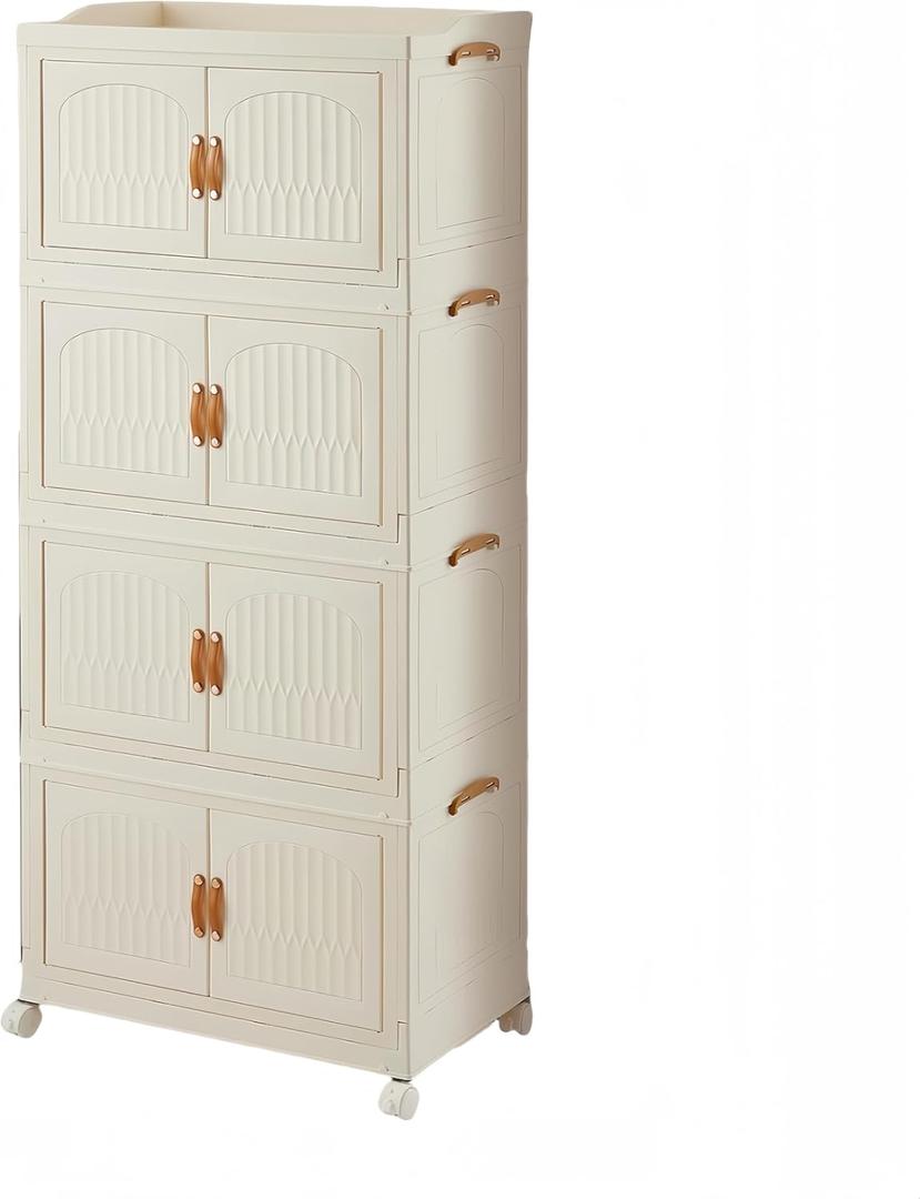 29Gal Foldable Plastic Storage Cabinet with Doors 4 Tier Large Folding Stackable Storage Box with Lids White Tall Nightstand for Bathroom,Bedroom,Living Room