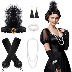 FEPITO 1920s Accessories Set for Women Flapper Headpiece Headband