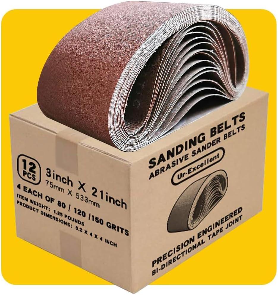 3x21 3 x 21 Inch Sanding Belt Pack 3-Inch x 21-Inch,12 Pcs(4 Each of 80 120 150 Grits) Aluminum Oxide for Sander