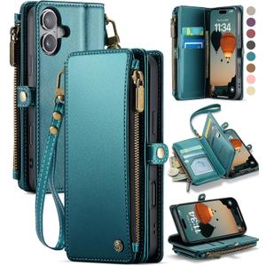 Defencase Compatible with iPhone 16 Case Wallet with RFID Blocking Card Holder for Women Men, Fashion PU Leather Magnetic Snap Flip Zipper Strap Wallet Phone Case for iPhone 16 6.1", Blue Green