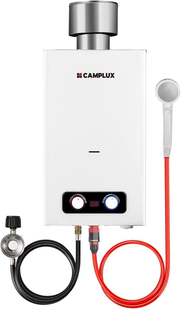 CAMPLUX 2.64 GPM Portable Tankless Water Heater, Outdoor Propane Water Heater with 4.33" S/S Rain Cap, for Camping, Cabin, Windproof Design, 68,000 BTU, BD264C