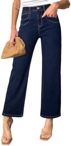 Sidefeel Women's Wide Leg Jeans High Waisted Stretchy Jeans Straight Leg Zimbaplatinum Ankle Denim Pants with Slant Pockets Size 16