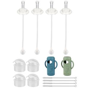 Straw Cup Conversion Kit with Silicone Sleeves for Dr. Brown's Narrow Glass Baby Bottle 8oz,Weighted Straw Replacement Kit with Soft Straw Top and Handle,6m+,Set of 4