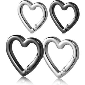 4pcs Heart Carabiner Keychain Clip, Metal Spring Heart Rings Hook Key Ring Carabiner Clips for Purse Bag Charms Backpack Strap Dog Tags Hang Water Bottle Paracord Keychain Lanyard(Silver Black)