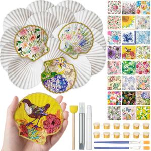 Crtiin 48 Pcs Decoupage Kits, 18 Pcs 4'' White Scallop Shells, 24 x Assorted Decoupage Paper Napkins with Glue Paint Strips Pigments and Paint Brushes for Home Decor Ornaments DIY Arts Crafts (Flower)