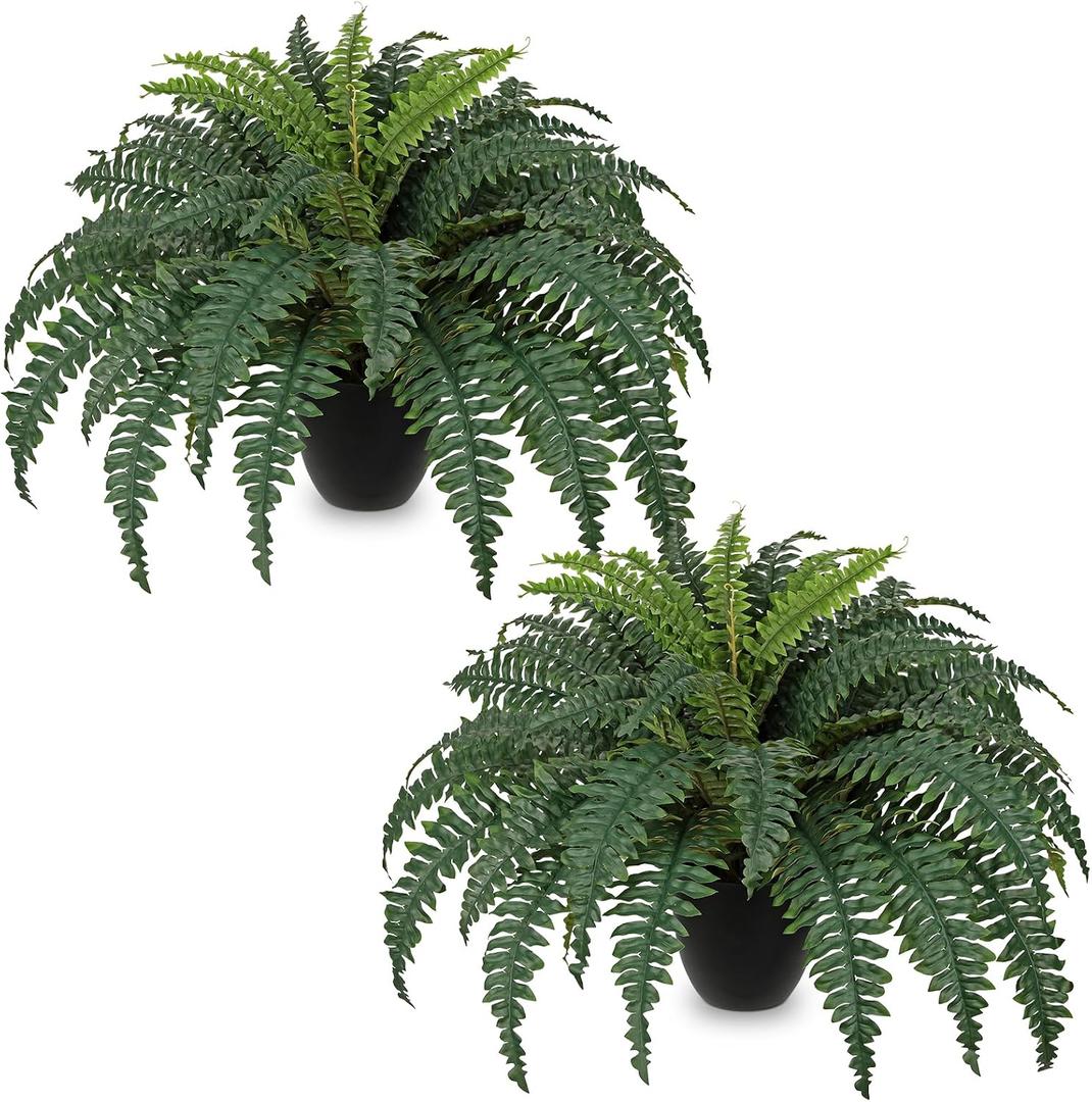 Hollyone 2Pcs Artificial Large Fern Boston Potted Plant for Outdoors & Indoor 25.5inch Faux Fake Fern Bush Plant in Pot for Patio Garden Farmhouse Windowsill Entrance Porch Office Room Home Decor