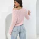 2025 Fall Cropped Sweater for Women Off The Shoulder Pullover Fluffy Knit Fashion Crop Top Holes Design (Pink, L)