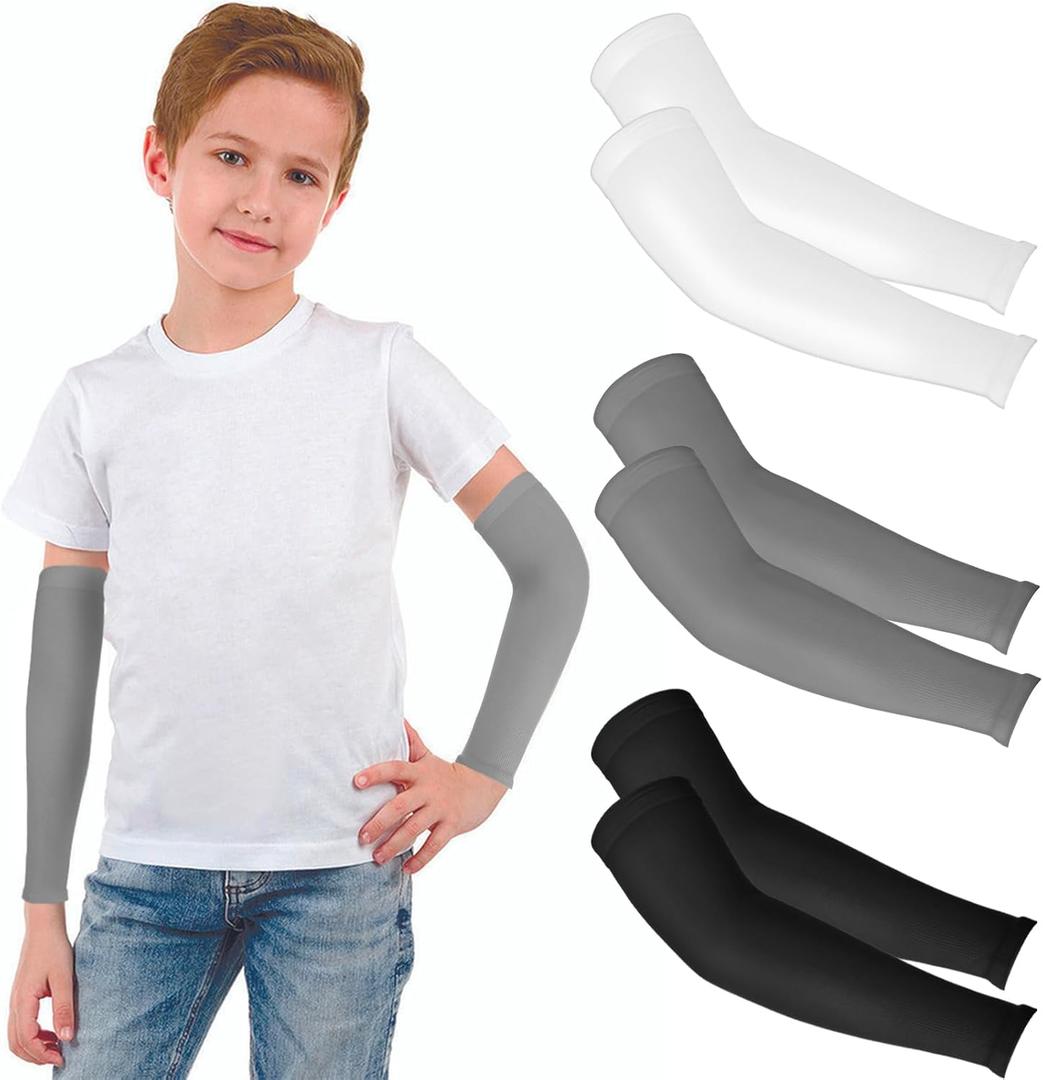 2 Pairs Kids Arm Sleeves, UV Sun Protection Arm Sleeves for Men Women Upf 50 Compression Cooling Sleeves Outdoor Sport Breathable Elastic Ice Sleeve for Youth Boys Girls Sports (Black White Grey)