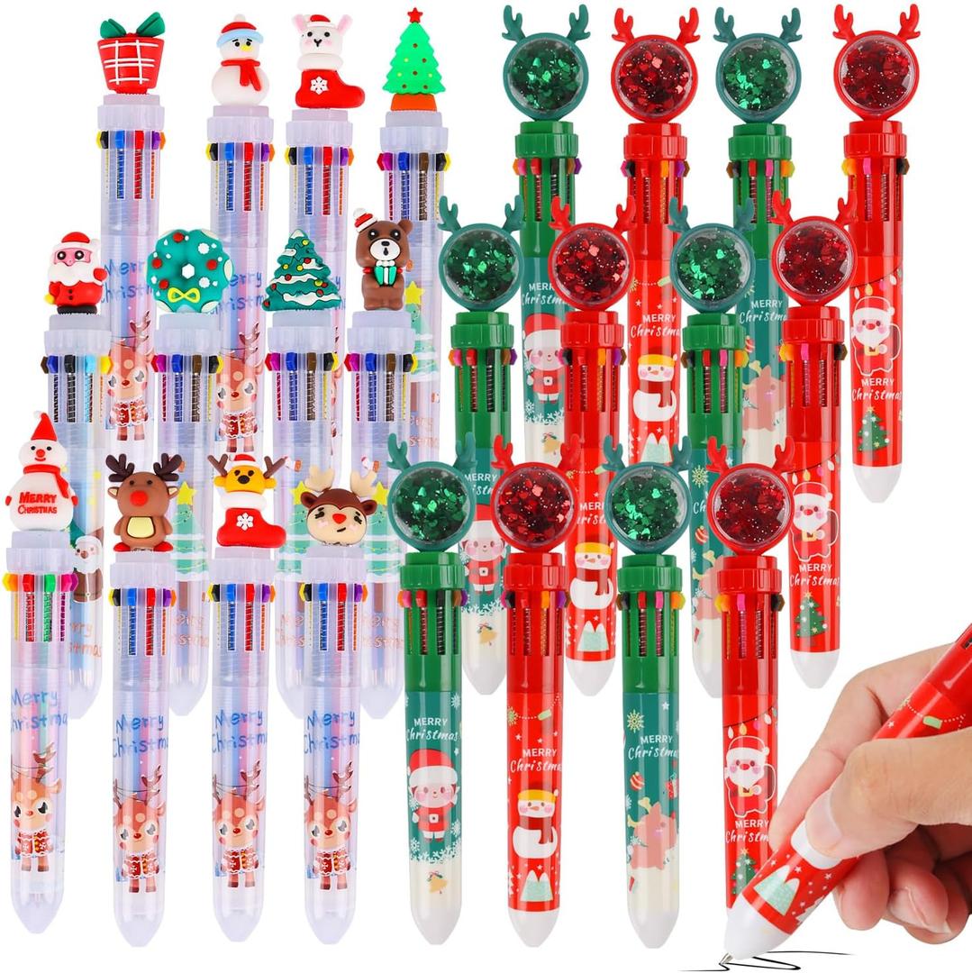 SULOLI 24 Pcs 10 in 1 Christmas Multicolor Ballpoint Pens, Retractable Pen Santa Claus Reindeer Xmas Rollerball Pens for Office School Students Kids Christmas Party Favors