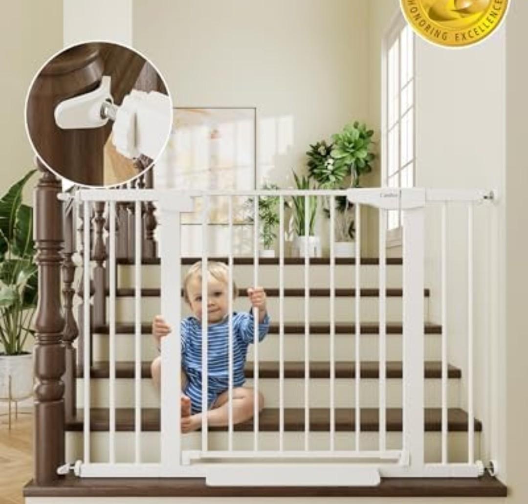 Cumbor 29.7-46" Baby Gate for Stairs, Toddler Safety Essentials for The House, Auto Close Dog Gate for Doorways, Mom's Choice Awards Winner-Easy Install Pressure Mounted Pet Gates for Dogs, White