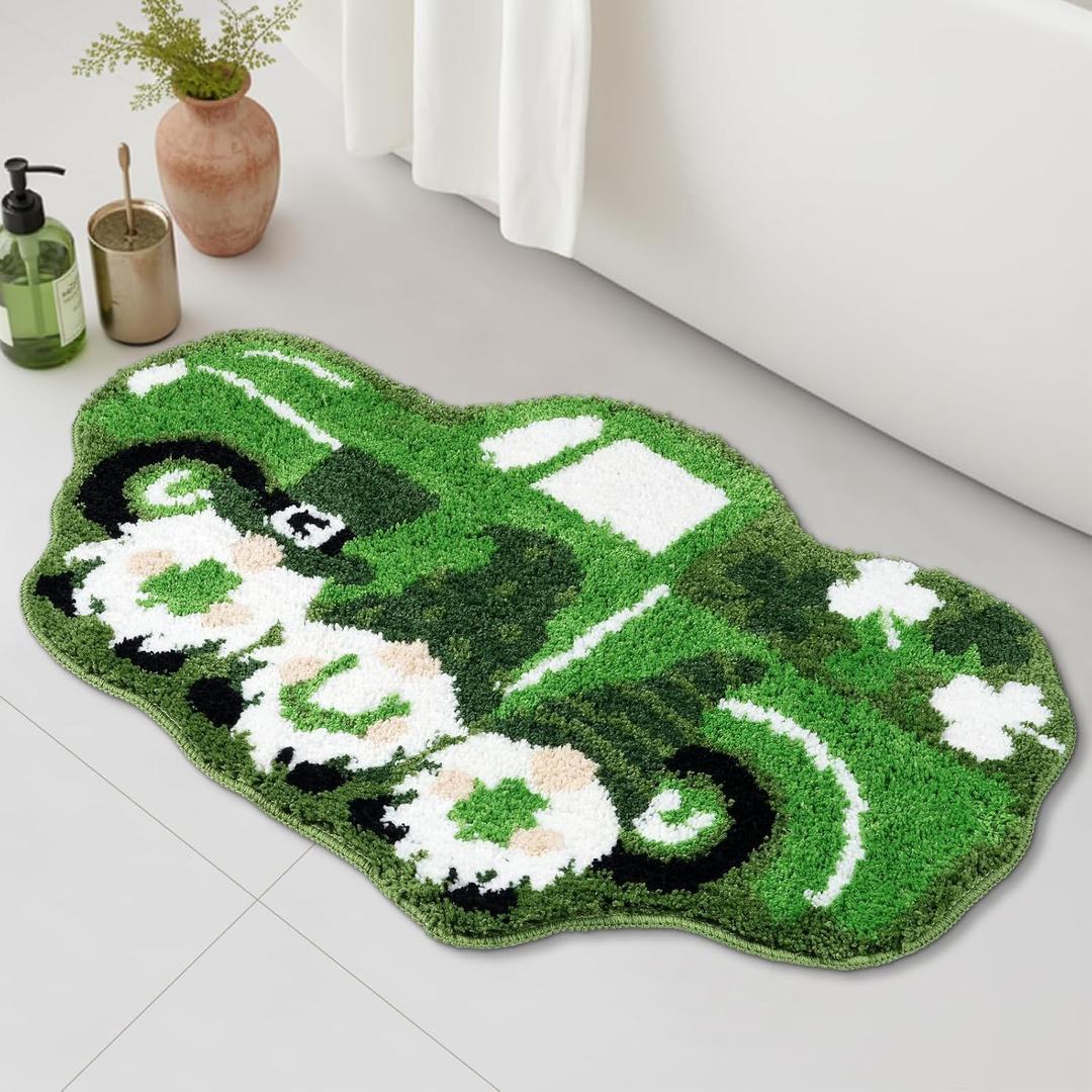 Shemilly St. Patrick's Day Bathroom Rugs,Gnome and Car Irish Soft Absorbent Bath Rug Non Slip Shamrock Washable Bathroom Mat for St. Patrick's Day Holiday Home Decor Indoor Bath Mat,20x32 Inch