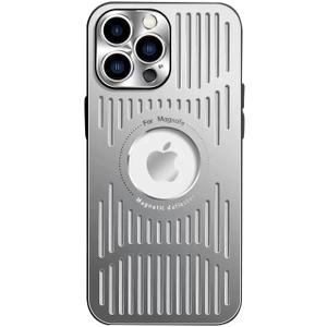 Designed for iPhone 15 Pro Max Case,[Compatible with MagSafe][Military Drop & Camera Lens Protection],Luxury Aluminum Alloy Heat Dissipation Logo View Shockproof Cover,Silver