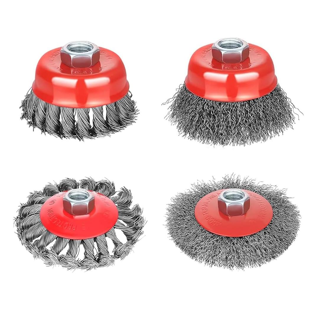 Wire Wheel Brush for 4 1/2 Angle Grinder, 5/8"-11 Thread Arbor,4 & 3 Inch Twist Knotted Coarse Crimped Wire Brushes (4pcs Wire Wheels)