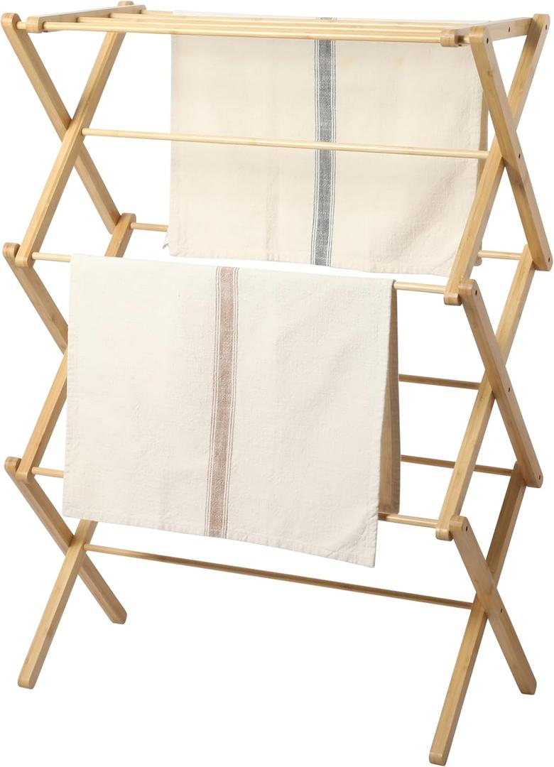 Gibson Home Riverrun Foldable Bamboo Drying Rack for Clothes & Towels – 2-Tier Collapsible Laundry Drying Rack, Space-Saving Air Dry Stand for Clothes, Towels, Blankets, for Indoor & Outdoor Use, Measures 29 x 14.2 x 41.7 inches