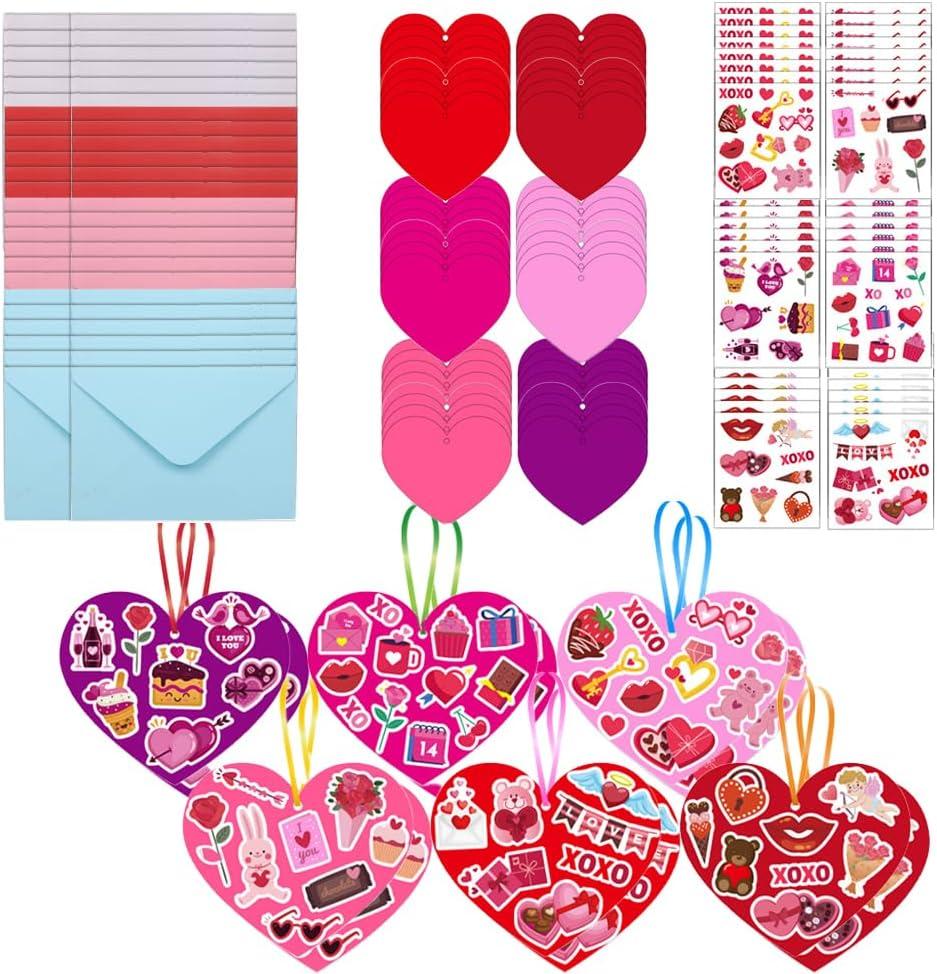 2 x 24 Pack Valentine's Day Heart Craft Kits Valentine DIY Heart-Shaped Card Kits with Stickers and Envelopes Valentine Day Hanging Multicolor Hearts Crafts