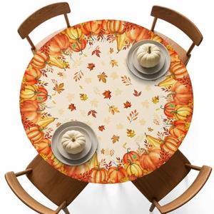 Fall Thanksgiving Round Tablecloth, Farm Pumpkin Botanical Maple Leaves Waterproof Fitted Table Cover with Elastic Edge, Fall Harvest Table Cloths for 55"-60" Indoor Outdoor Round Tables