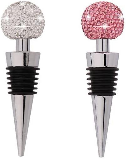 2 pack GSRYPC Bling Bling Decorative Crystal Diamond Wine Stopper,Zinc Alloy Silicone Crystal Wine Toppers Stopper Wine Set Accessories For Gifts, Bar, Holiday Party, Wedding（Silver+pink)