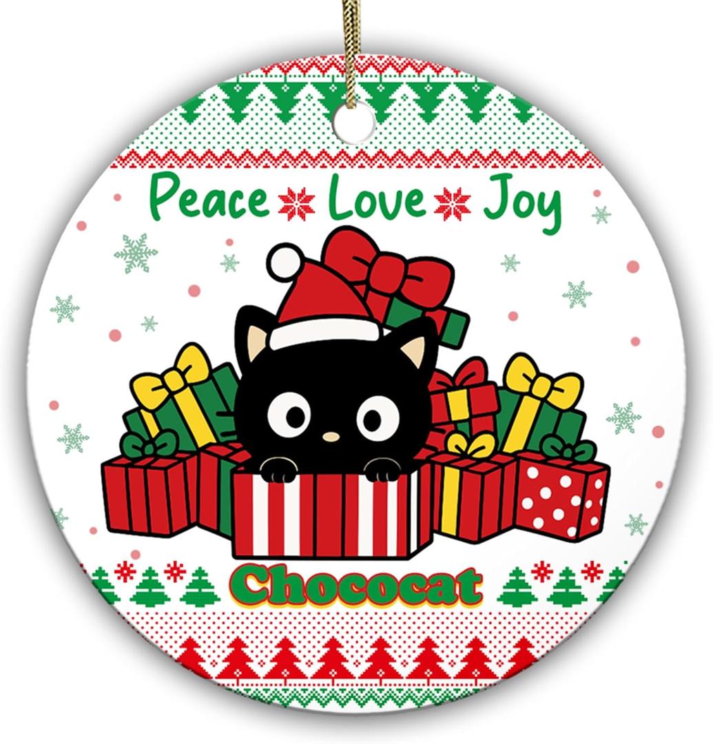 Peace Love Joy Cat Christmas Ornament  Cute Black Cat in Gift Box Holiday Decoration, Ceramic Keepsake for Kitten Lovers, Women, Men, Family & Friends