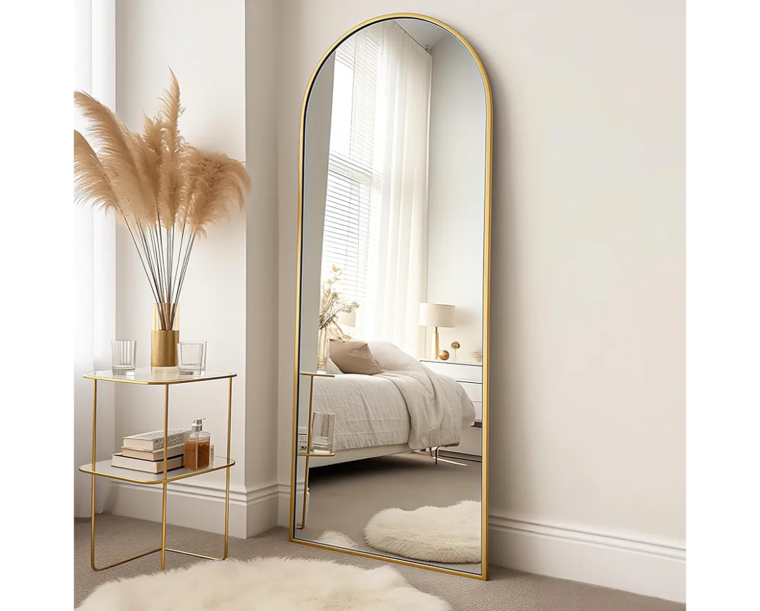 Floor Mirror, 58 "x 19" Full Length Mirror Wall Mirrors Hanging or Leaning Arched-Top Full Body Mirrors with Stand for Bedroom, Dressing Room, Gold