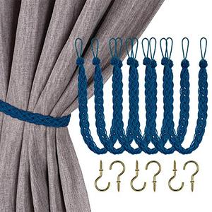 Home Queen Hand Braided Curtain Tie Back, Buckle Holdback Drapery Curtain Tiebacks, 6 Rope Belt Curtain Tie with 6 Metal Hooks, Navy