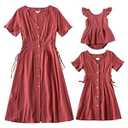 AWIBMK Mommy and Me Matching Dresses Leopard Ruffled Midi Dress Summer Solid Color Stripe Mom Daughter Matching Outfits (3-6 Months), Wine Red, Large