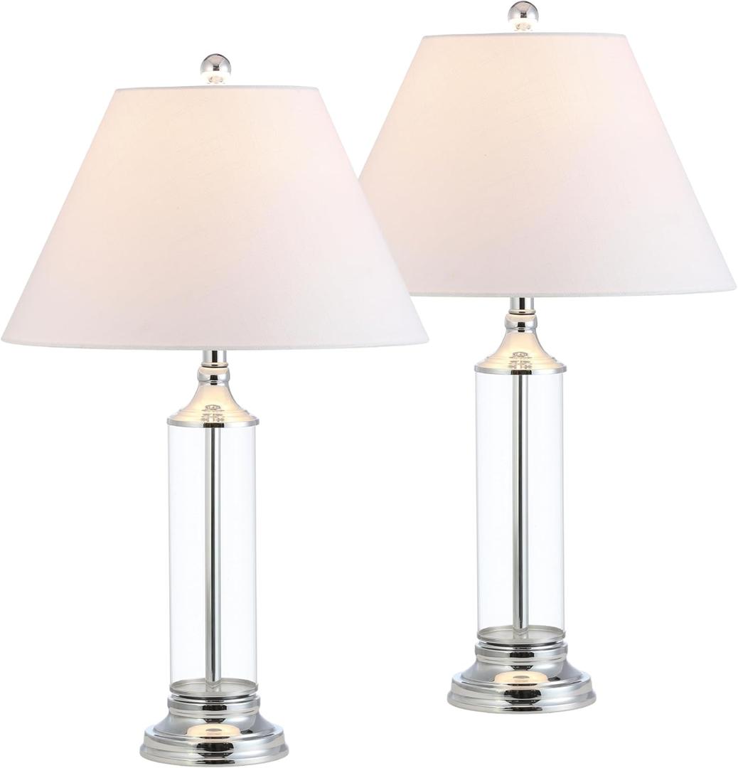 JONATHAN Y 29" Clear/Chrome Glass LED Table Lamp Set of 2, Modern Bedside Nightstand Lamps for Living Room Bedroom Office, White Linen Shade, Transitional Decor JYL4014A-SET2