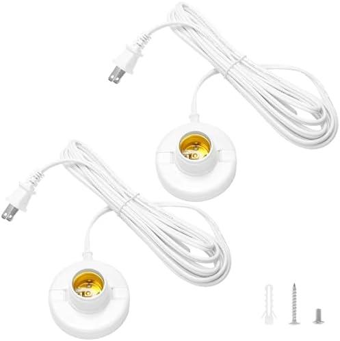 QWORK E26/ E27 Plug-in Lamp Holder with On/Off Switch | E26 Screw Light Bulb Socket | 15ft Extension Cord | All-Copper Inner Ring | 60W Max | 1-Pack