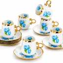 Porcelain Tea Cups and Saucers Set of 12, Blue Floral Coffee Cups with Gold Trim, 100ml Espresso Turkish Coffee Cups, Elegant Tea Party Set (Blue 100ml 6 cups 6 plates)