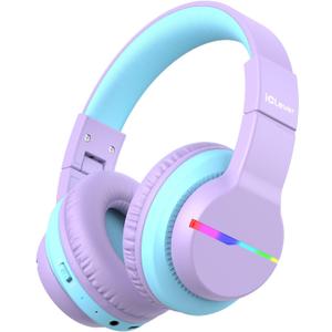 iClever BTH12 Kids Bluetooth Headphones,Colorful LED Lights Kids Headphones Wireless,74/85dBA Safe Volume,85H Playtime,Fast Charging,Bluetooth 5.2,Over Ear,Built-in Mic for iPad/Tablet/Airplane,Purple