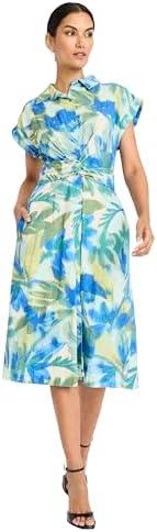 Maggy London Women's Button Down Short Sleeve Midi Pockets-Self Tie Belt-Wedding Guest Summer Dress Size 4, Aqua Blue Green 