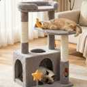 32In Cute Cat Tower for Indoor Cats with Cat Condo, Plush Platform, Hammock, Sisal Scratching Posts, Dangling Ball, Tall Cat Tree Tower with Self-Grooming Brush (Light Grey)