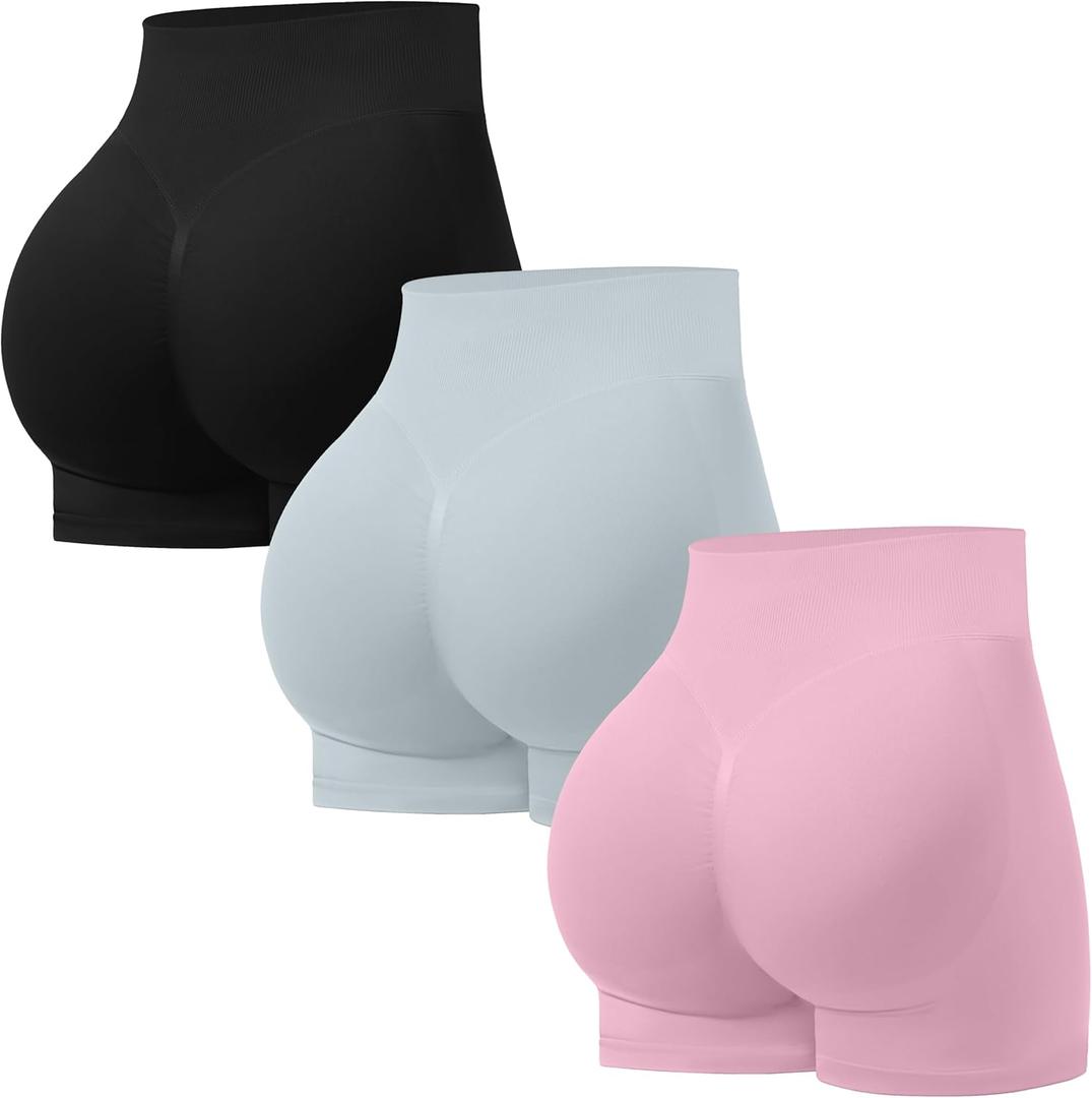 OVESPORT 3 Pack Seamless Women Workout Shorts Scrunch Butt Lifting Gym Booty Biker Shorts (Medium, Pink/Light Grey/Black)