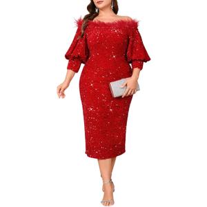 Women Sexy Sequin Off The Shoulder Puff 3/4 Sleeve Bodycon Dress Formal Party Cocktail Evening Midi Dress (Light Red)