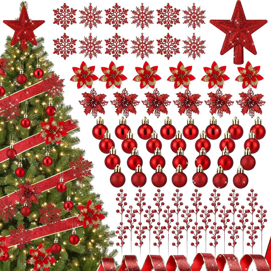 Realspring 91 Pcs Christmas Tree Ornaments Set, Hanging Christmas Balls Poinsettia Flowers Snowflakes Berries Star Topper Pine Needles with Ribbons for Holiday Xmas Home Decoration(Red)