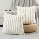FUTEI Cream White Striped Decorative Throw Pillow Covers 26x26 Inch Set of 2,Square Spring Decorations Couch Euro Pillow Shams,Soft Cozy Faux Rabbit Fur & Velvet Back,Modern Home Decor for Bed