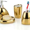MyGift 4 Pcs Gold Bathroom Accessories Set with Toothbrush Holder, Soap Dispenser, Tumbler and Soap Dish, Bathroom Organizer Accessory for Modern Home Decor, Complete Ceramic