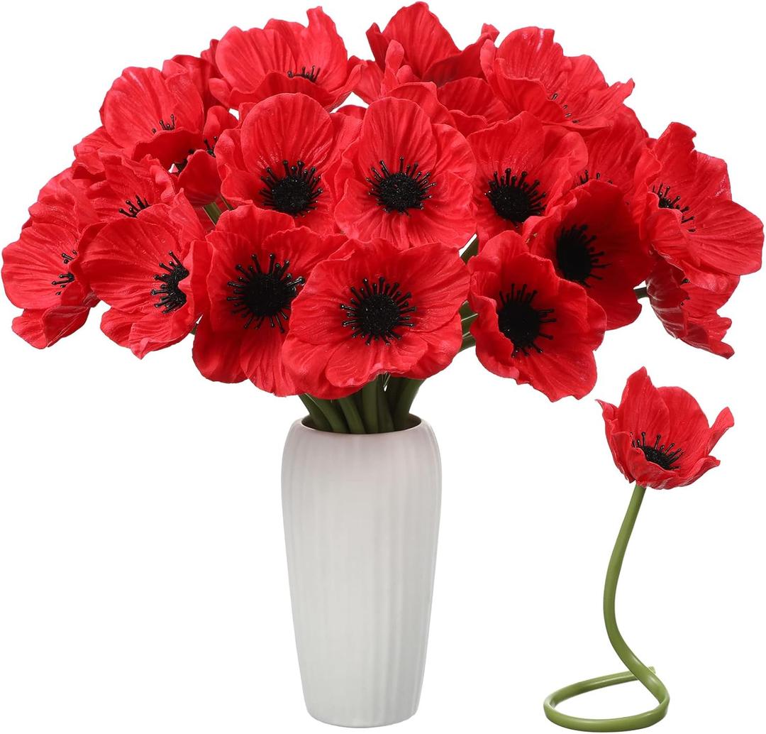 Censen 42 Pcs Artificial Poppy Flowers Bulk PU Silk Poppy Flowers 11 Inch Anemone Stems Artificial Floral Table Centerpiece Decor for Halloween Wedding Home Party Veterans Supplies(Red)