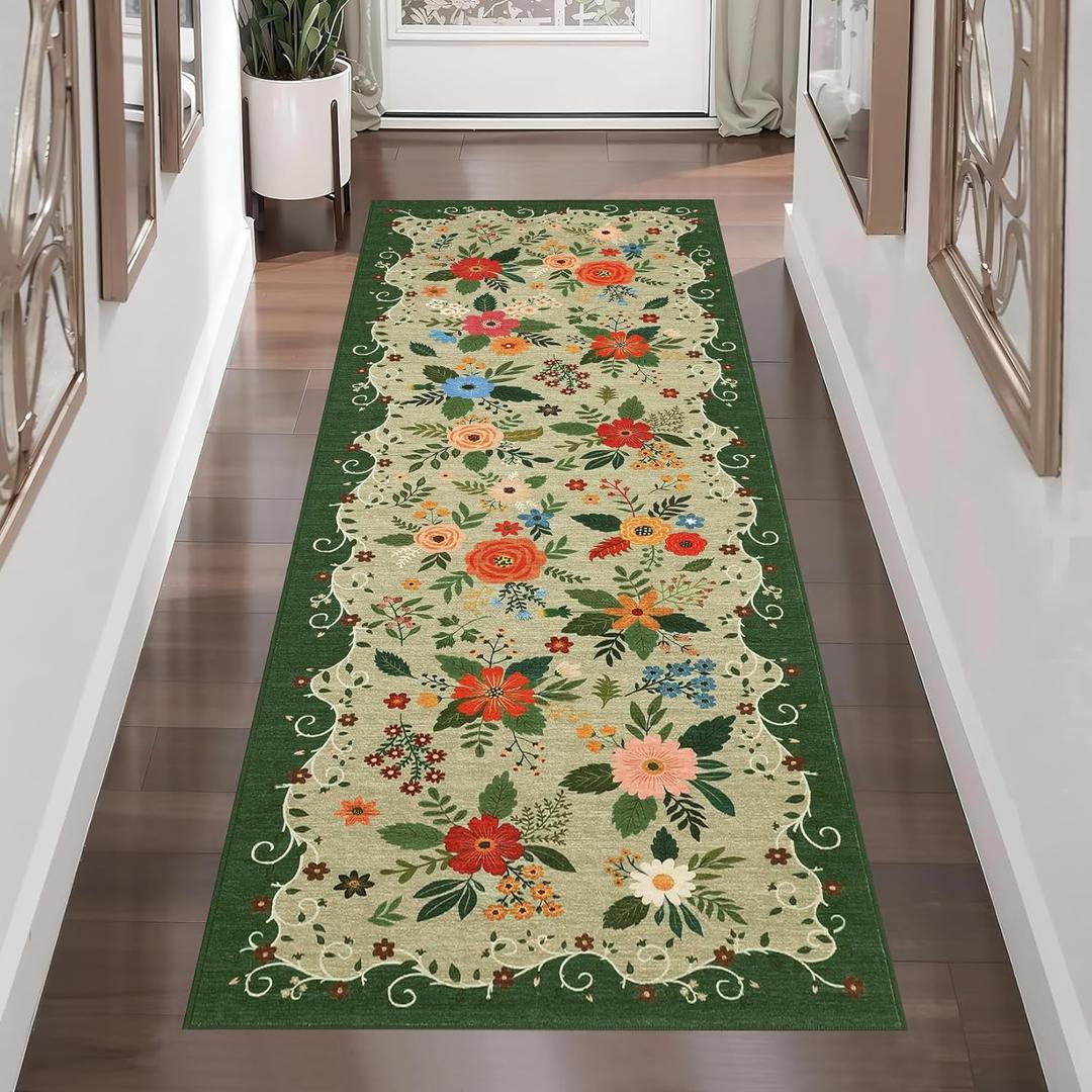 GarveeHome 2x6 Runner Rug Boho Floral Rug Non-Slip Low Pile Machine Washable Stain ResistantThrow Rugs for Hallways, Kitchen, Laundry, Bedroom, Bathroom, Light Green