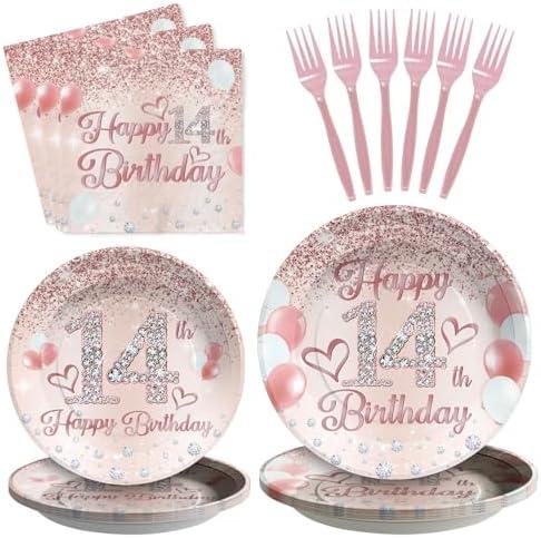 Grencian 96Pcs 14th Birthday Party Supplies Disposable Rose Gold 14 Year Old Birthday Plates Napkins Forks Tableware Set 14th Birthday Decorations for Girls Happy 14th Birthday Fabulous Party Serve 24