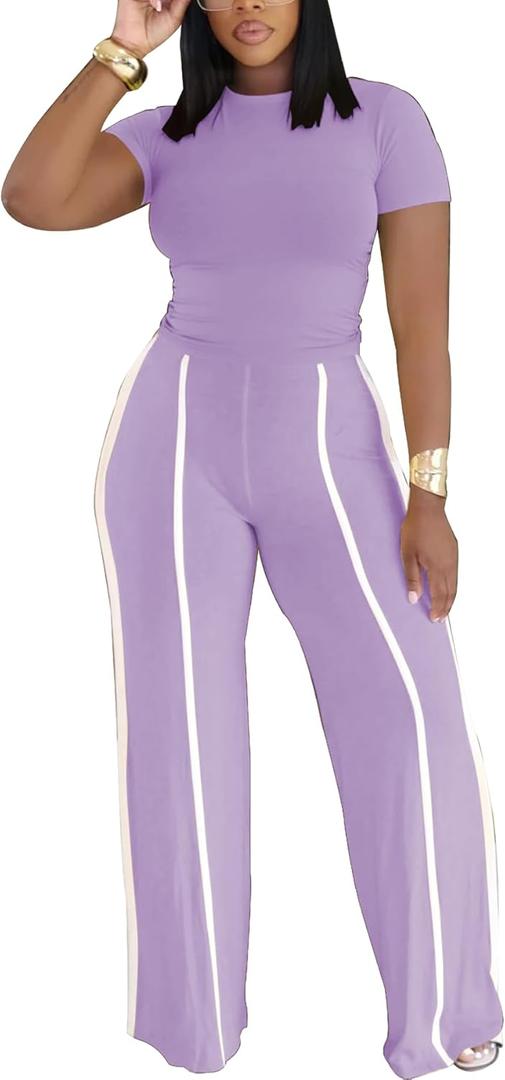 Ulovmi Women's Two Piece Outfit Slim Fit Top Wide Leg Pants Striped Tracksuit Loungewear Casual Outfit Set (Purple, L)