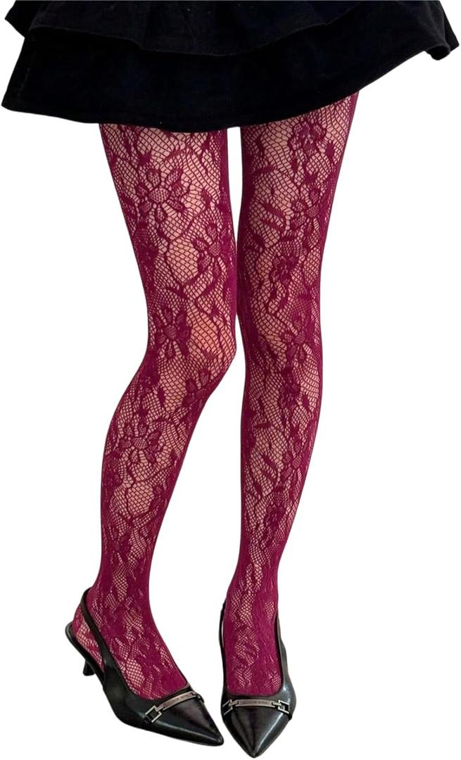 Milumia Women's Floral Lace Tights Y2k Patterned Fishnet Pantyhose Sexy Stockings All Burgundy One Size
