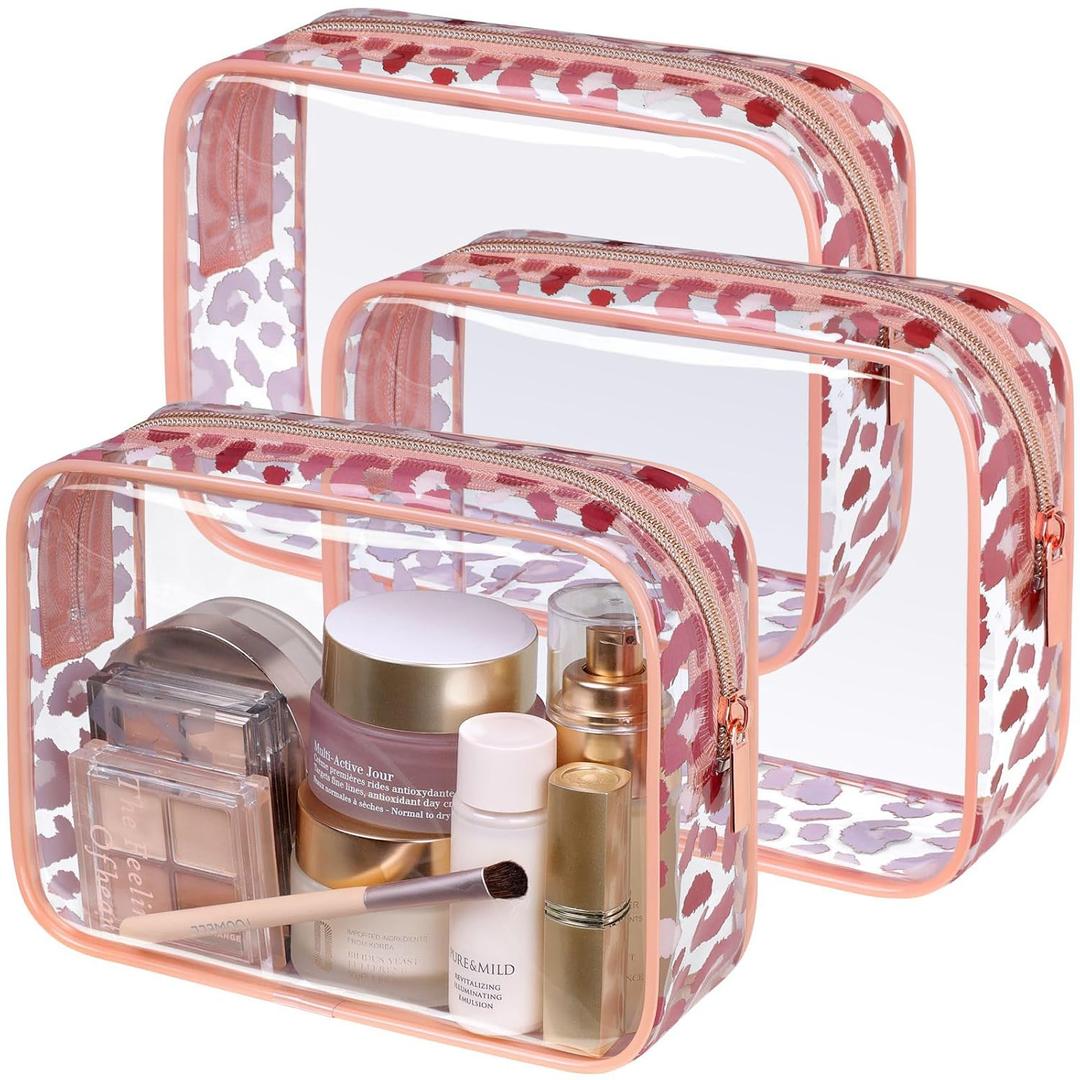 F-color TSA Approved Toiletry Bag 3 Pack Medium - Clear Makeup Bag Travel Quart Size for Women Men, Clear Cosmetic Bag Airport Airline Compliant Carry on Bag, Leopard Print