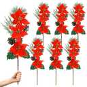 Hotop 6 Pcs Christmas Artificial Poinsettias Florals 19.6 Inch Large Christmas Poinsettia Decorations Red Green Christmas Flower Picks Stem for Christmas Tree Ornament Wreath DIY Xmas Party Decor
