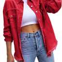 Perbai Womens Oversized Ripped Denim Jacket Frayed Hem Button Front Boyfriend Jean Coat Western Shacket with Pockets, XL