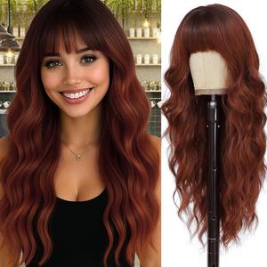 Long Ginger Orange Wigs with Bangs 26Inch Wavy Curly Hair for Women Tangle Free Soft Natural Looking Premium Heat Resistant Protein Fiber Daily Party Use