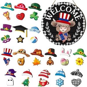 35 Pcs Holiday Interchangeable Highland Cow Welcome Sign Highland Cow Seasonal Wooden Hanging Door Decor Patriotic Farmhouse Hanging Sign for Front Door Graduation Party Decoration