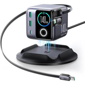 JOYROOM 5-in-1 USB C Charging Station, 140W Ultra-Fast 5-Port Desktop Charger with Dual Retractable 100W USB-C Cables (2.6ft), 1.54 Smart LCD Power Display for MacBook, iPhone, Home & Office