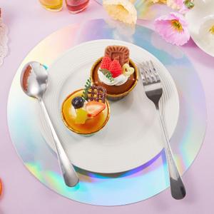 Kosiz 50 Pcs Iridescent Round Paper Placemat Bulk Disposable Iridescent Party Supplies Holographic Decorative Placemat for Mermaid Themed Events & Birthday or Wedding Party Decoration