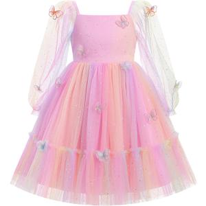 IBTOM CASTLE Birthday Dress for Girls Long Sleeve Glitter Star Tulle Party Dresses Sequin Bowknot Christmas Pageant Gown,4-5T